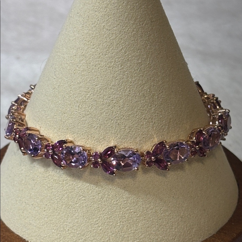 AAA Rose De France Amethyst & Rhodolite Garnet 18k Gold Sterling Silver Bracelet